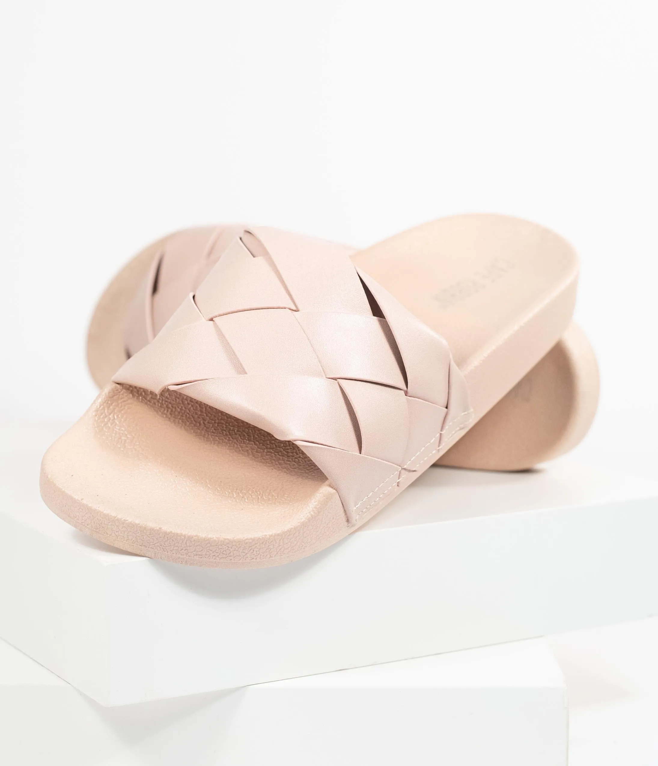 Blush Pink Leatherette Woven Slide Sandals