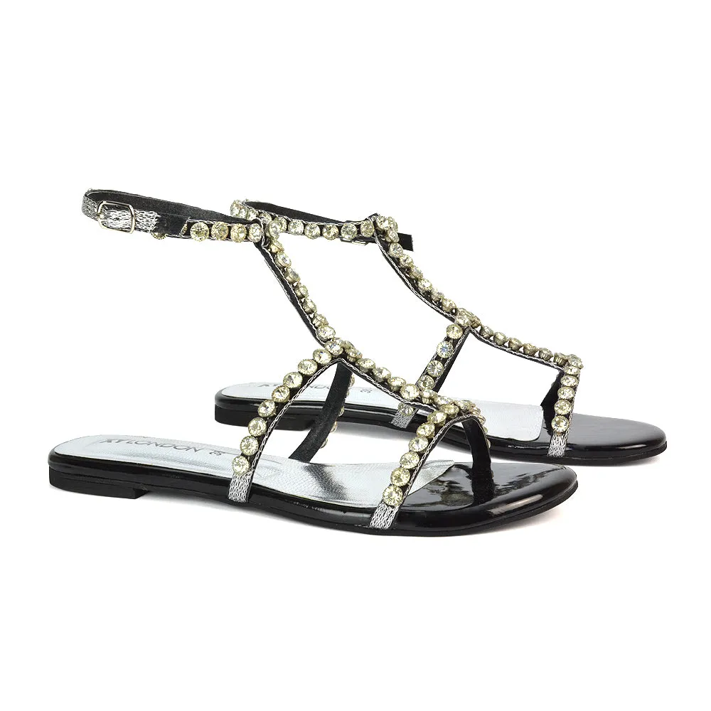 Cher Flat Ankle Strap Holiday Rhinestone Summer Diamante Sandals in Gold