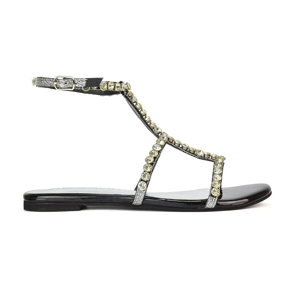 Cher Flat Ankle Strap Holiday Rhinestone Summer Diamante Sandals in Gold