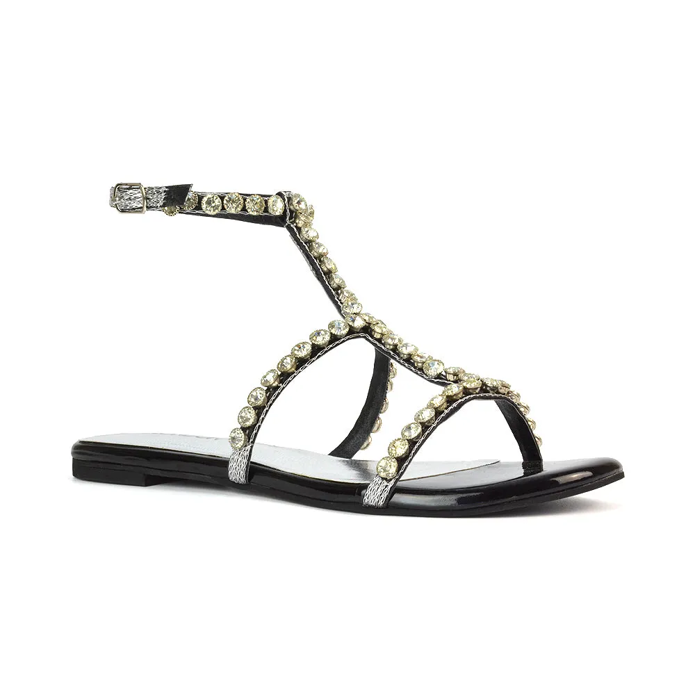 Cher Flat Ankle Strap Holiday Rhinestone Summer Diamante Sandals in Gold