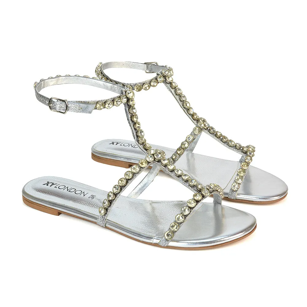 Cher Flat Ankle Strap Holiday Rhinestone Summer Diamante Sandals in Gold