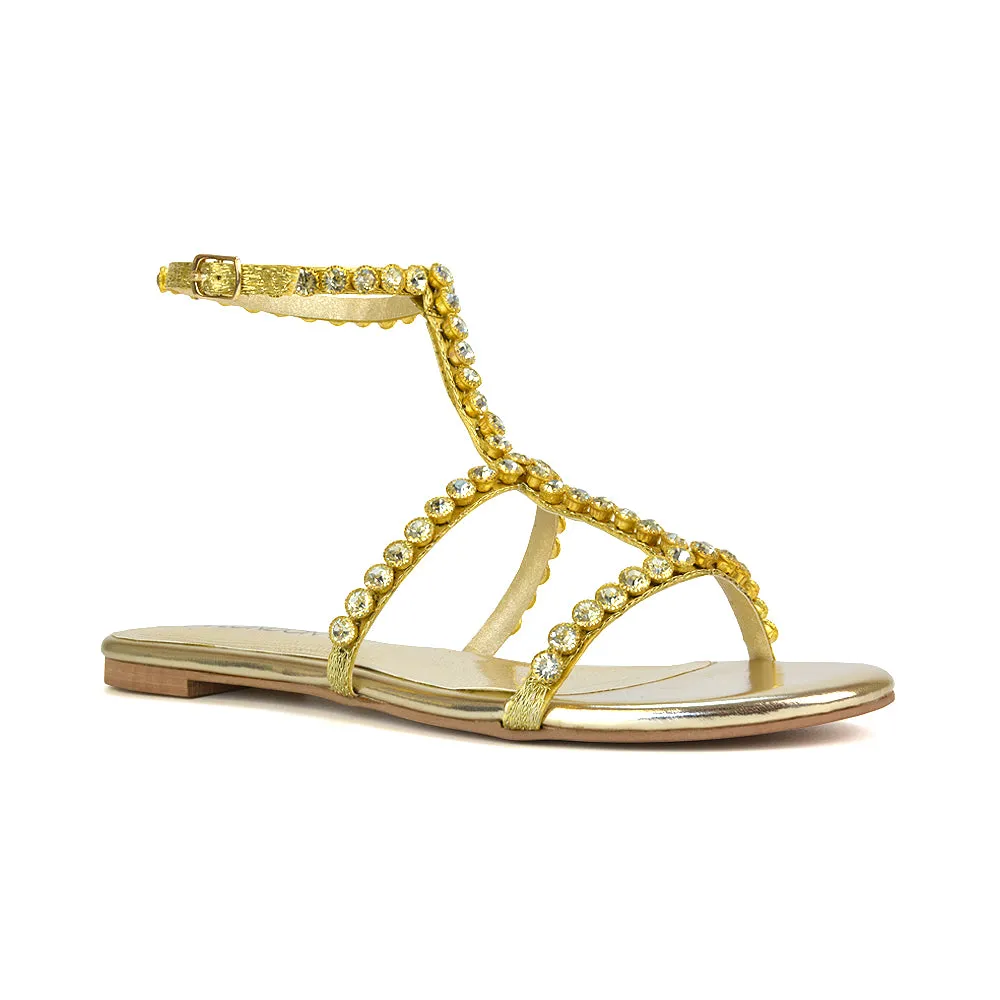 Cher Flat Ankle Strap Holiday Rhinestone Summer Diamante Sandals in Gold