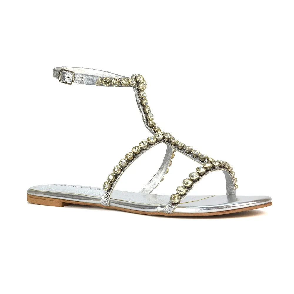 Cher Flat Ankle Strap Holiday Rhinestone Summer Diamante Sandals in Gold