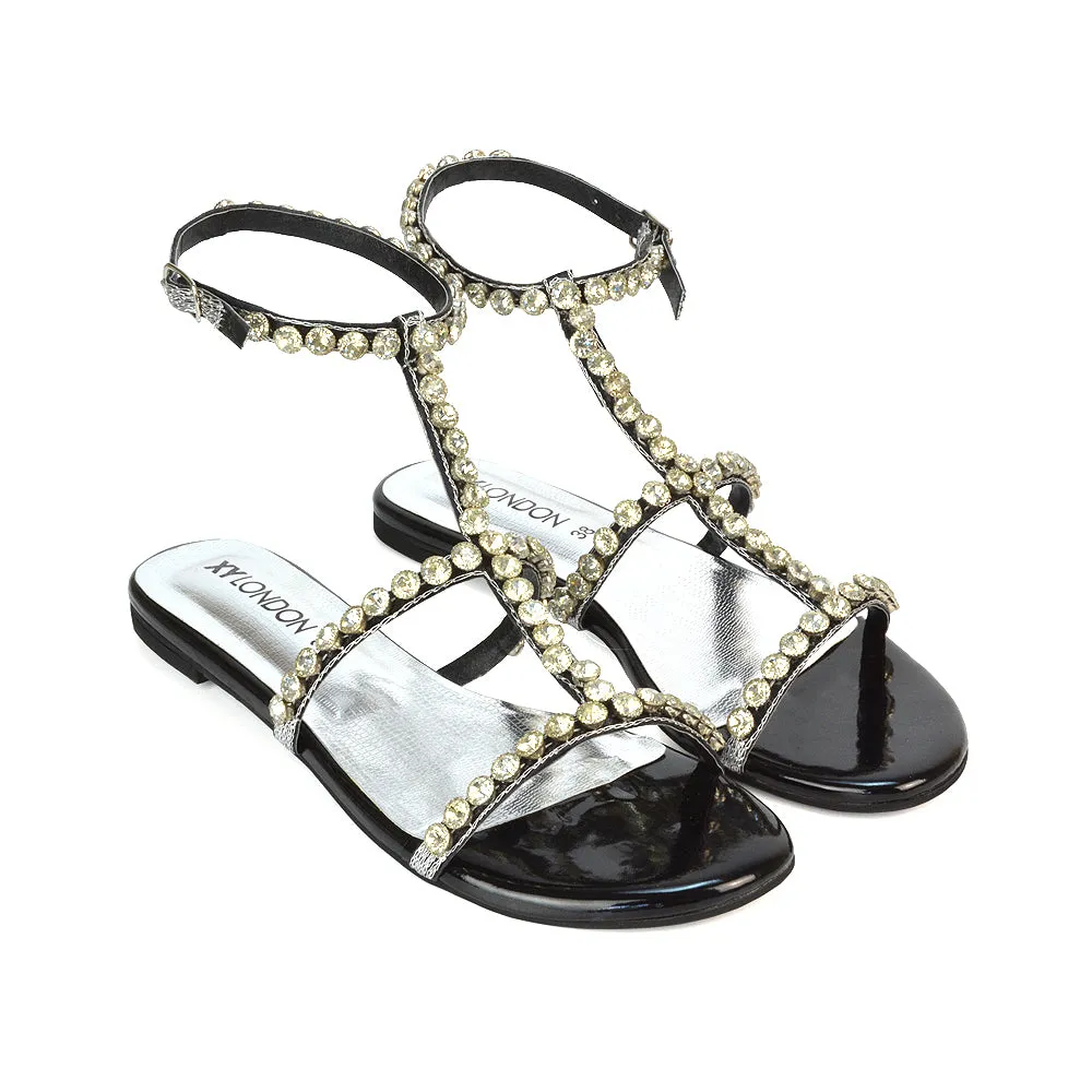 Cher Flat Ankle Strap Holiday Rhinestone Summer Diamante Sandals in Gold