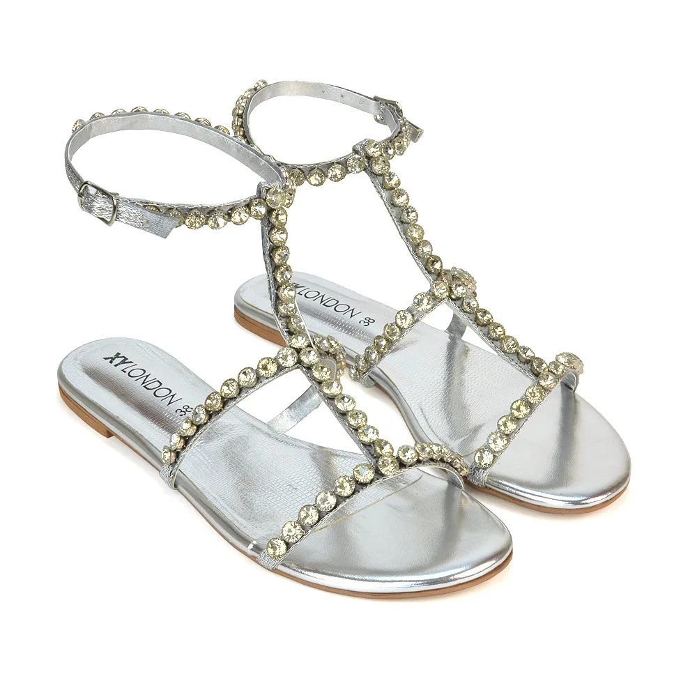 Cher Flat Ankle Strap Holiday Rhinestone Summer Diamante Sandals in Gold