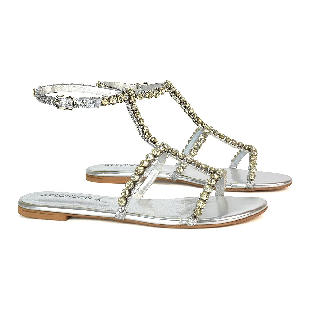 Cher Flat Ankle Strap Holiday Rhinestone Summer Diamante Sandals in Gold