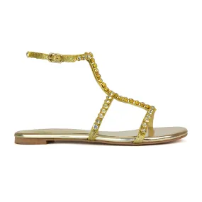 Cher Flat Ankle Strap Holiday Rhinestone Summer Diamante Sandals in Gold