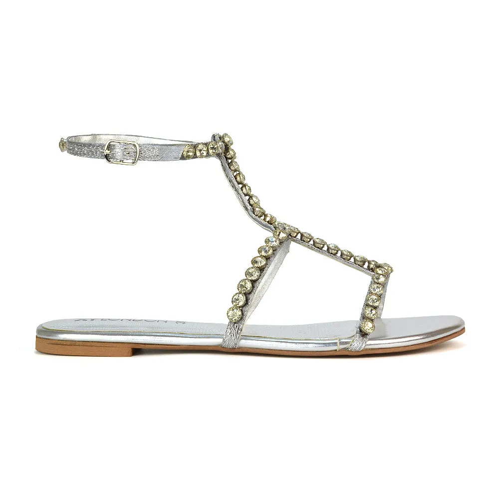 Cher Flat Ankle Strap Holiday Rhinestone Summer Diamante Sandals in Gold