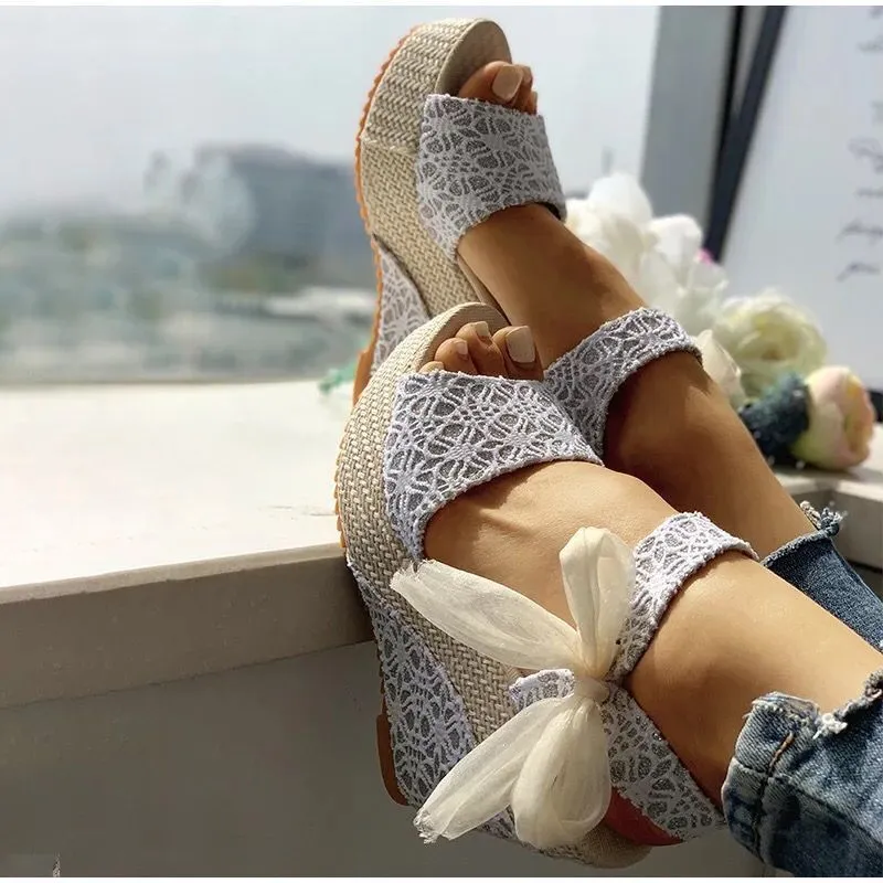 Cute floral lace wedge sandals tie-up