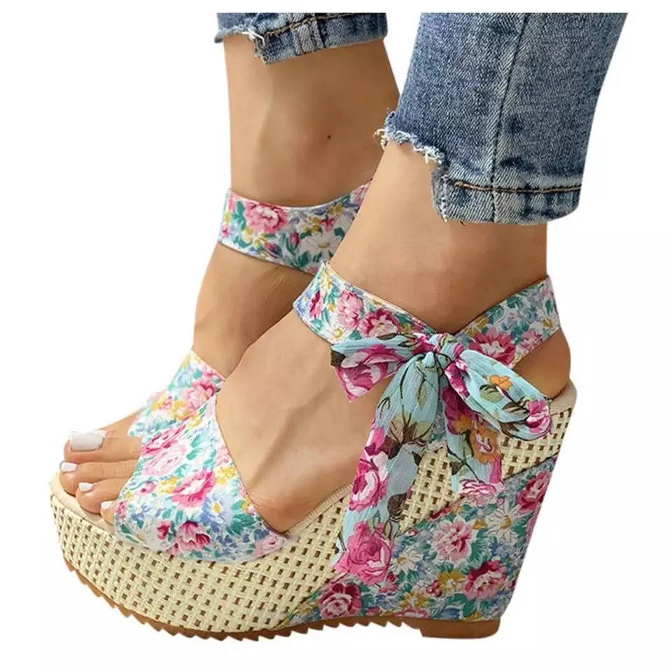 Cute floral lace wedge sandals tie-up