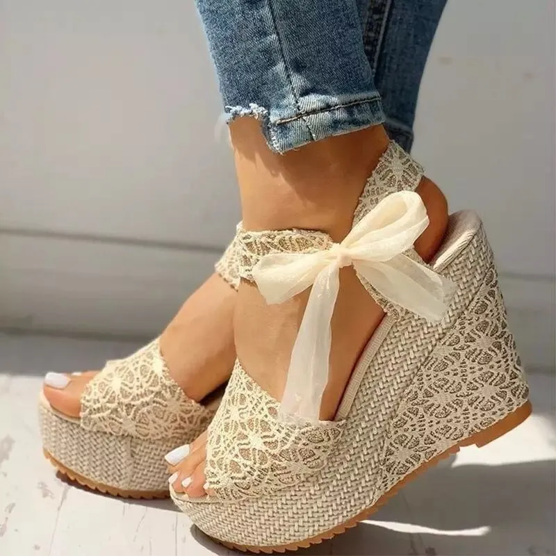 Cute floral lace wedge sandals tie-up