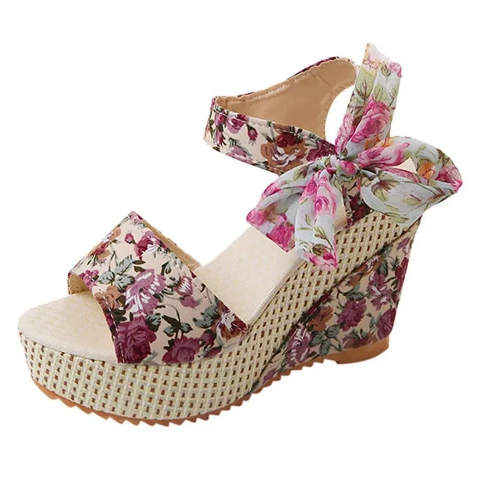 Cute floral lace wedge sandals tie-up