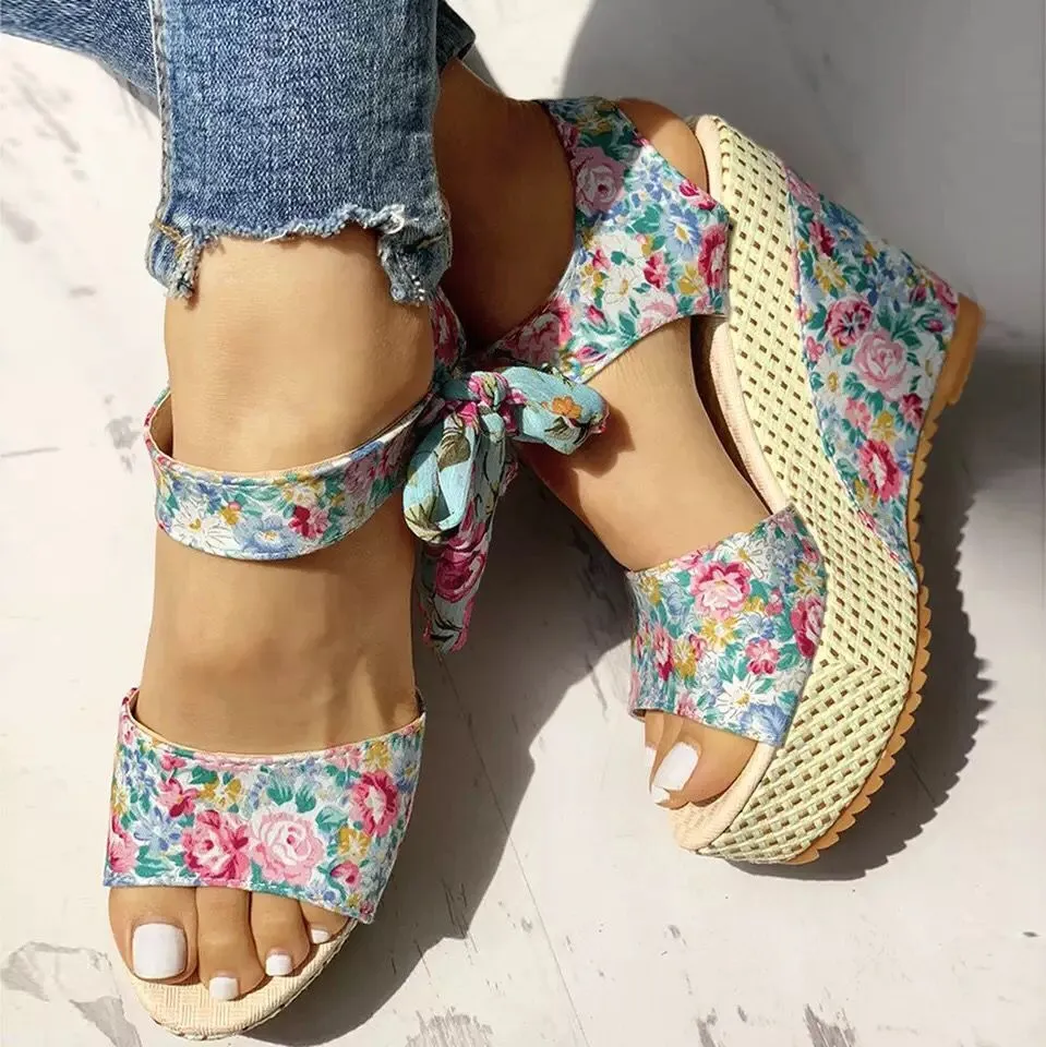 Cute floral lace wedge sandals tie-up