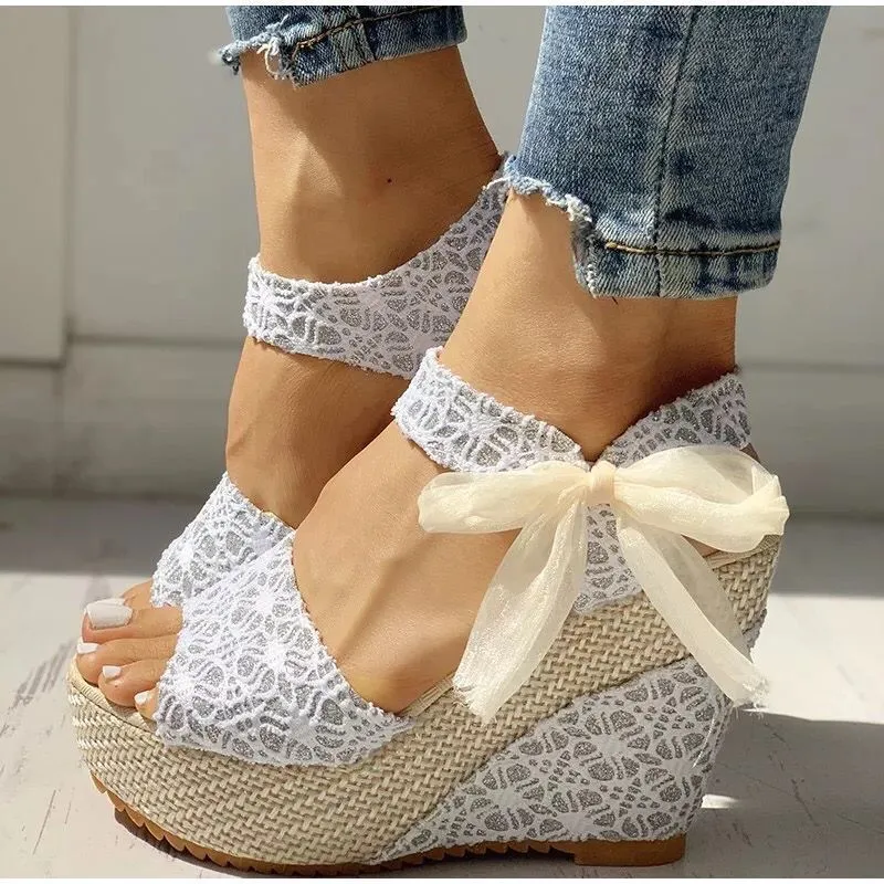 Cute floral lace wedge sandals tie-up