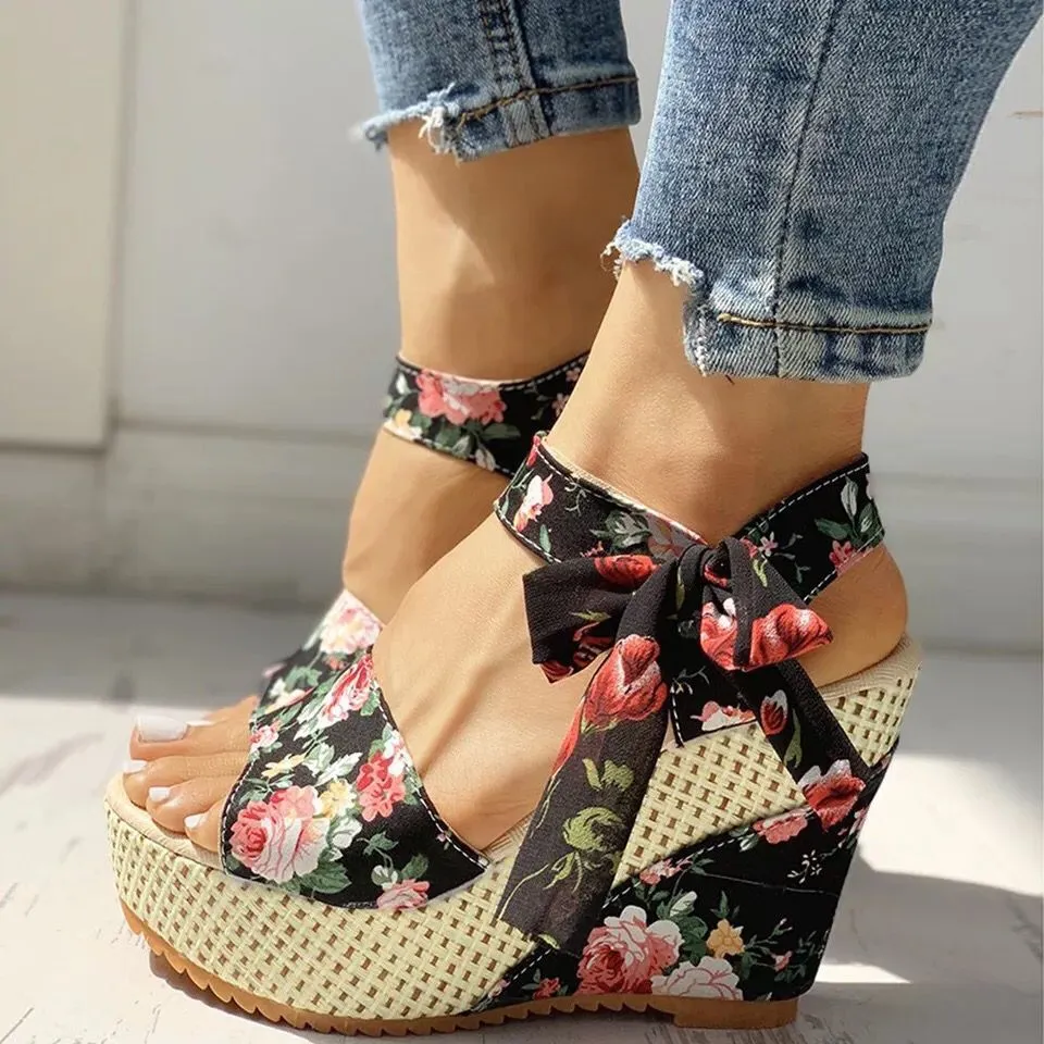 Cute floral lace wedge sandals tie-up