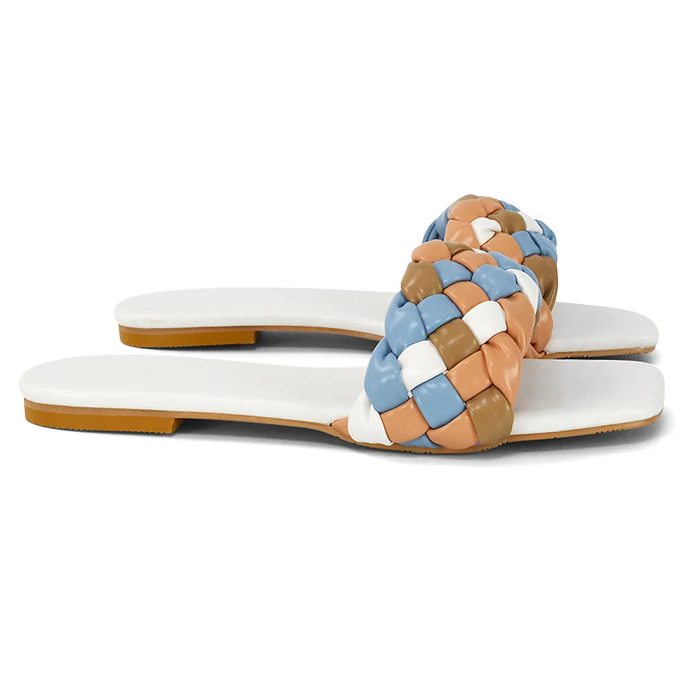 DARCIE WOVEN STRAP SQUARE TOE FLAT SLIDER SANDAL IN ORANGE MULTI SYNTHETIC LEATHER