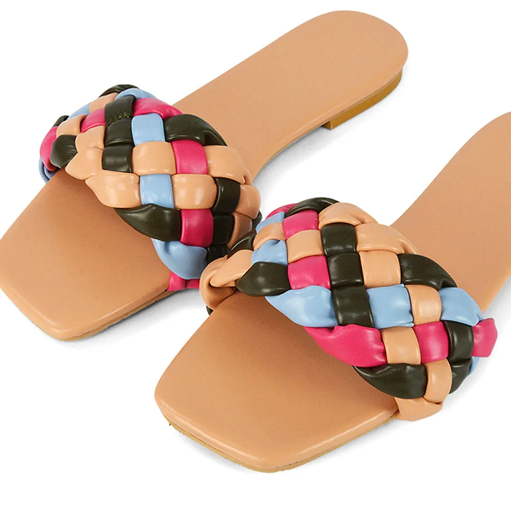 DARCIE WOVEN STRAP SQUARE TOE FLAT SLIDER SANDAL IN ORANGE MULTI SYNTHETIC LEATHER