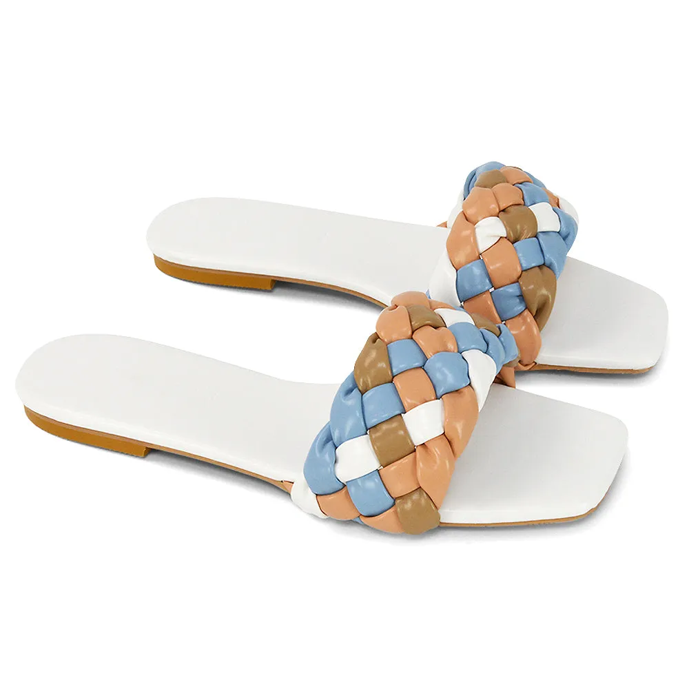 DARCIE WOVEN STRAP SQUARE TOE FLAT SLIDER SANDAL IN ORANGE MULTI SYNTHETIC LEATHER