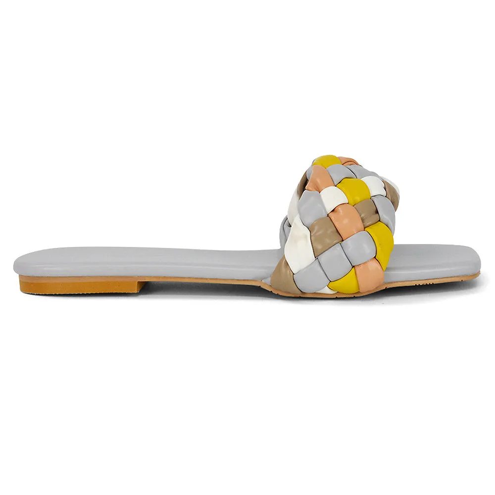 DARCIE WOVEN STRAP SQUARE TOE FLAT SLIDER SANDAL IN ORANGE MULTI SYNTHETIC LEATHER