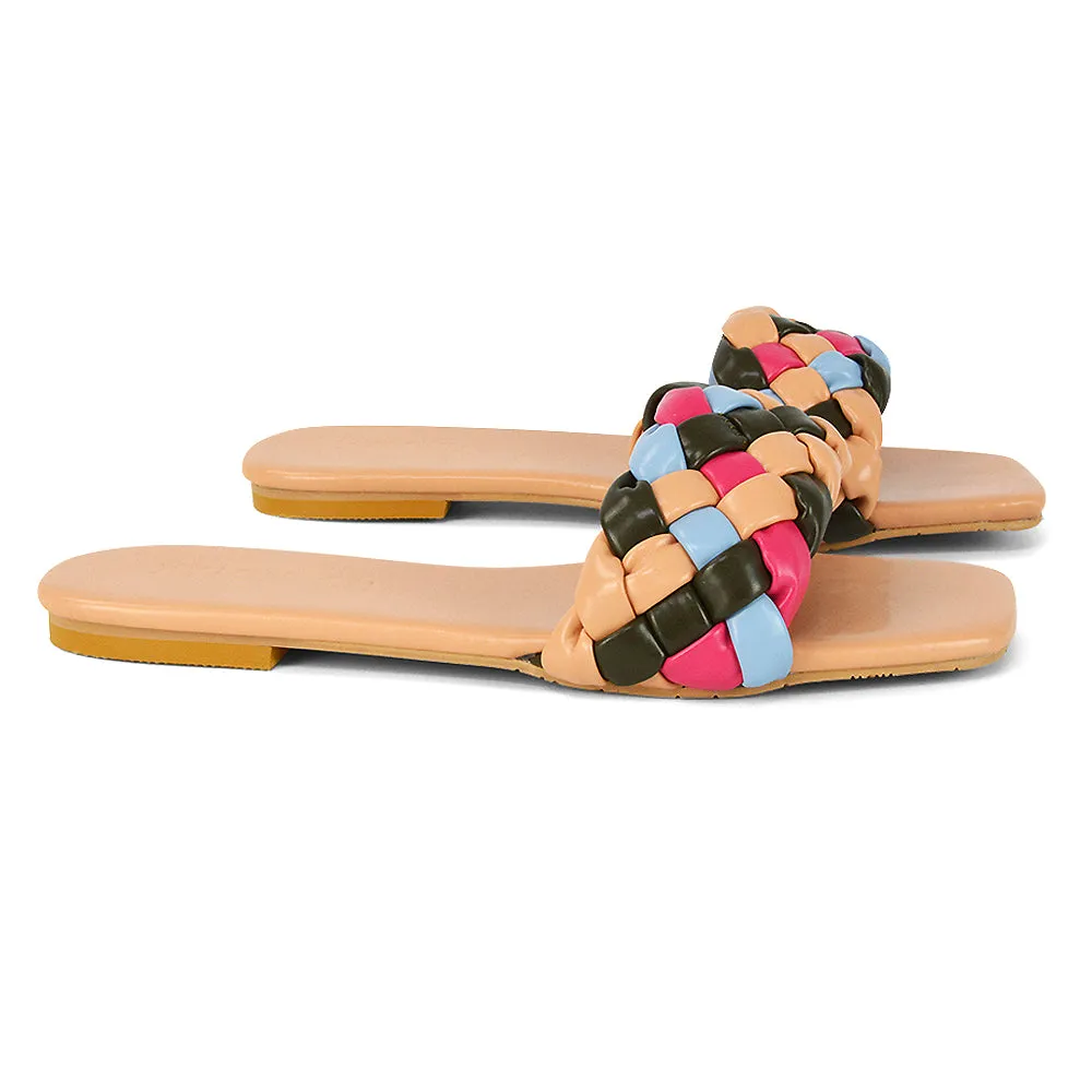 DARCIE WOVEN STRAP SQUARE TOE FLAT SLIDER SANDAL IN ORANGE MULTI SYNTHETIC LEATHER