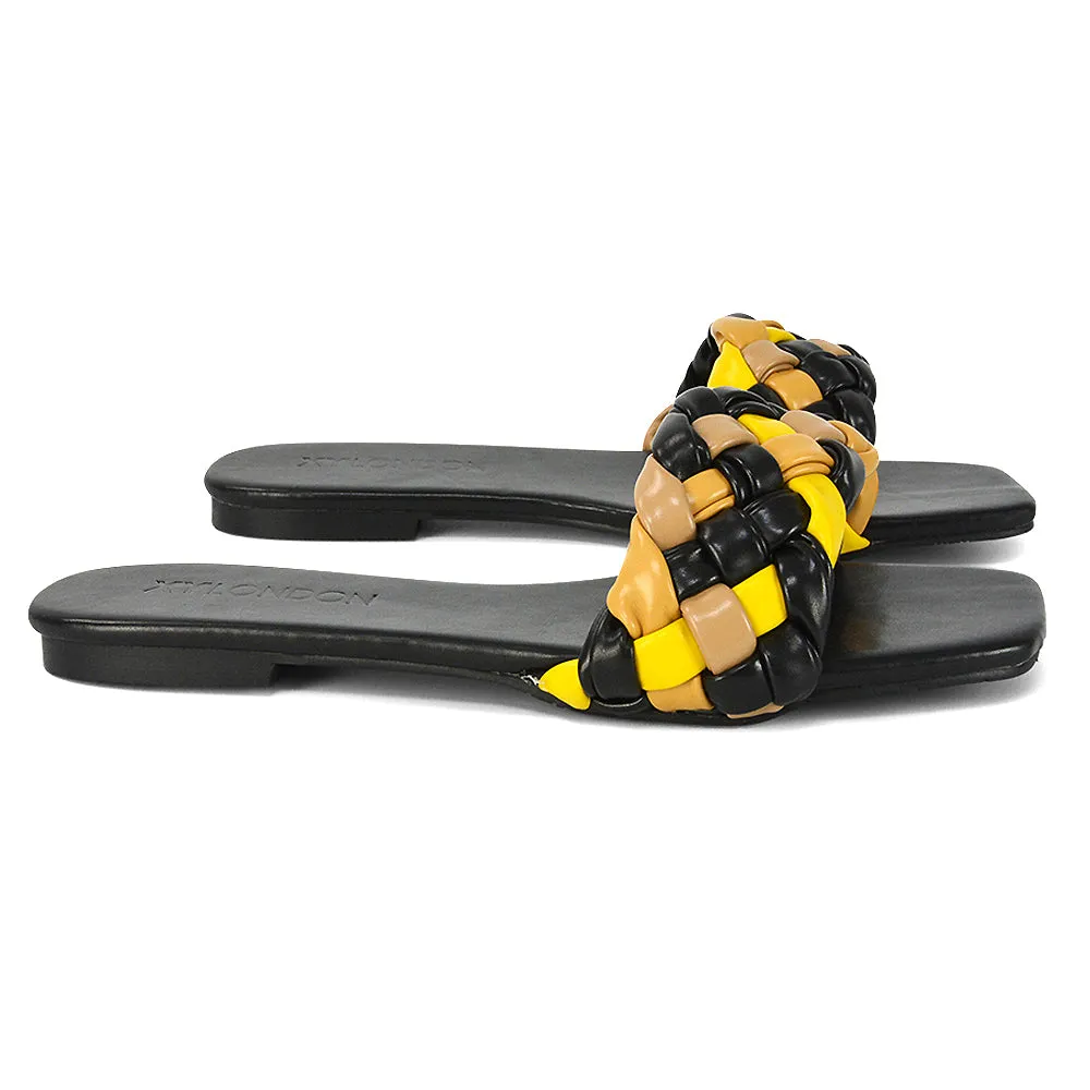 DARCIE WOVEN STRAP SQUARE TOE FLAT SLIDER SANDAL IN ORANGE MULTI SYNTHETIC LEATHER