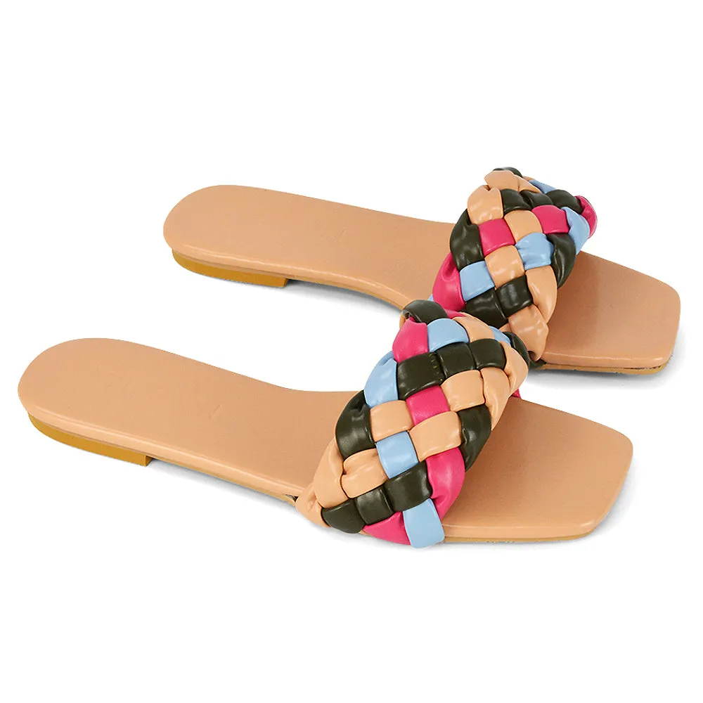 DARCIE WOVEN STRAP SQUARE TOE FLAT SLIDER SANDAL IN ORANGE MULTI SYNTHETIC LEATHER