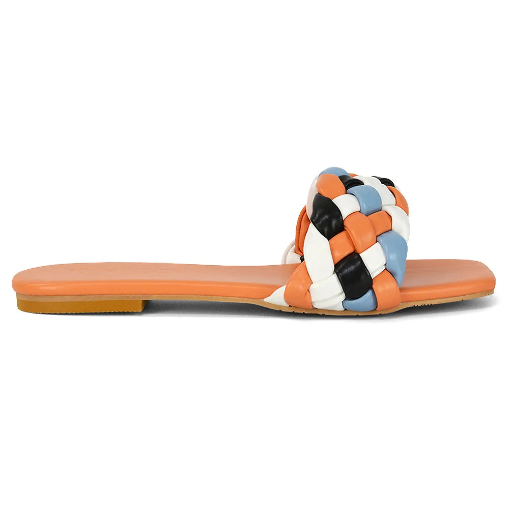 DARCIE WOVEN STRAP SQUARE TOE FLAT SLIDER SANDAL IN ORANGE MULTI SYNTHETIC LEATHER