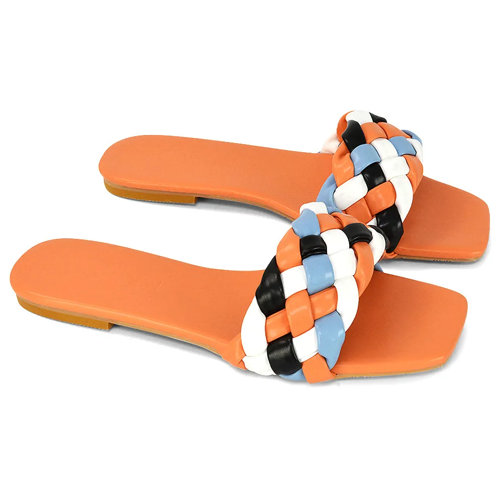 DARCIE WOVEN STRAP SQUARE TOE FLAT SLIDER SANDAL IN ORANGE MULTI SYNTHETIC LEATHER