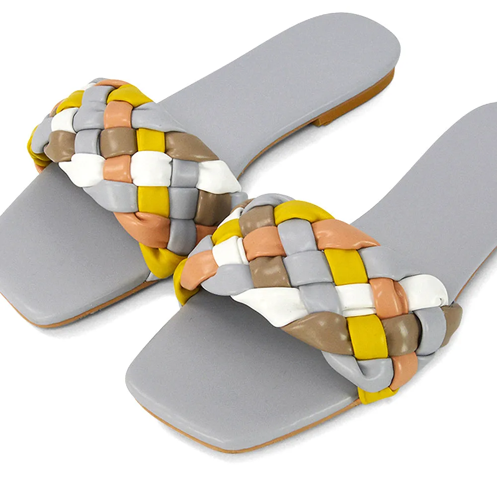 DARCIE WOVEN STRAP SQUARE TOE FLAT SLIDER SANDAL IN ORANGE MULTI SYNTHETIC LEATHER