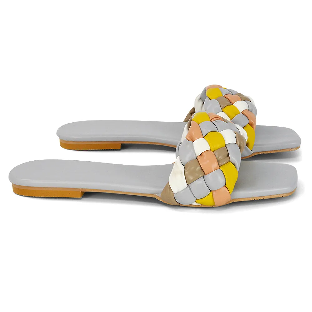 DARCIE WOVEN STRAP SQUARE TOE FLAT SLIDER SANDAL IN ORANGE MULTI SYNTHETIC LEATHER