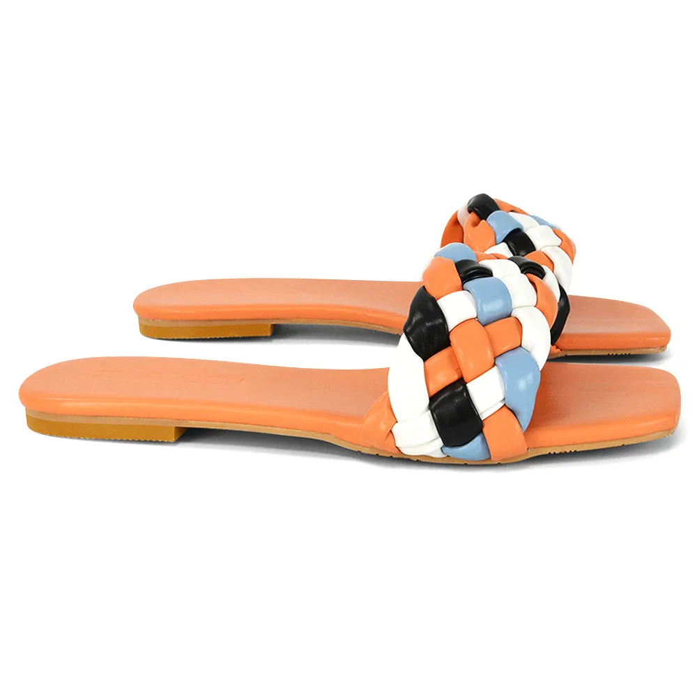 DARCIE WOVEN STRAP SQUARE TOE FLAT SLIDER SANDAL IN ORANGE MULTI SYNTHETIC LEATHER