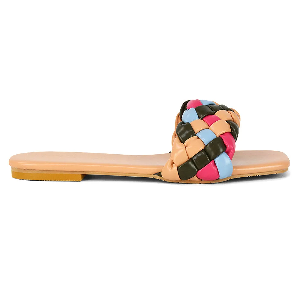 DARCIE WOVEN STRAP SQUARE TOE FLAT SLIDER SANDAL IN ORANGE MULTI SYNTHETIC LEATHER