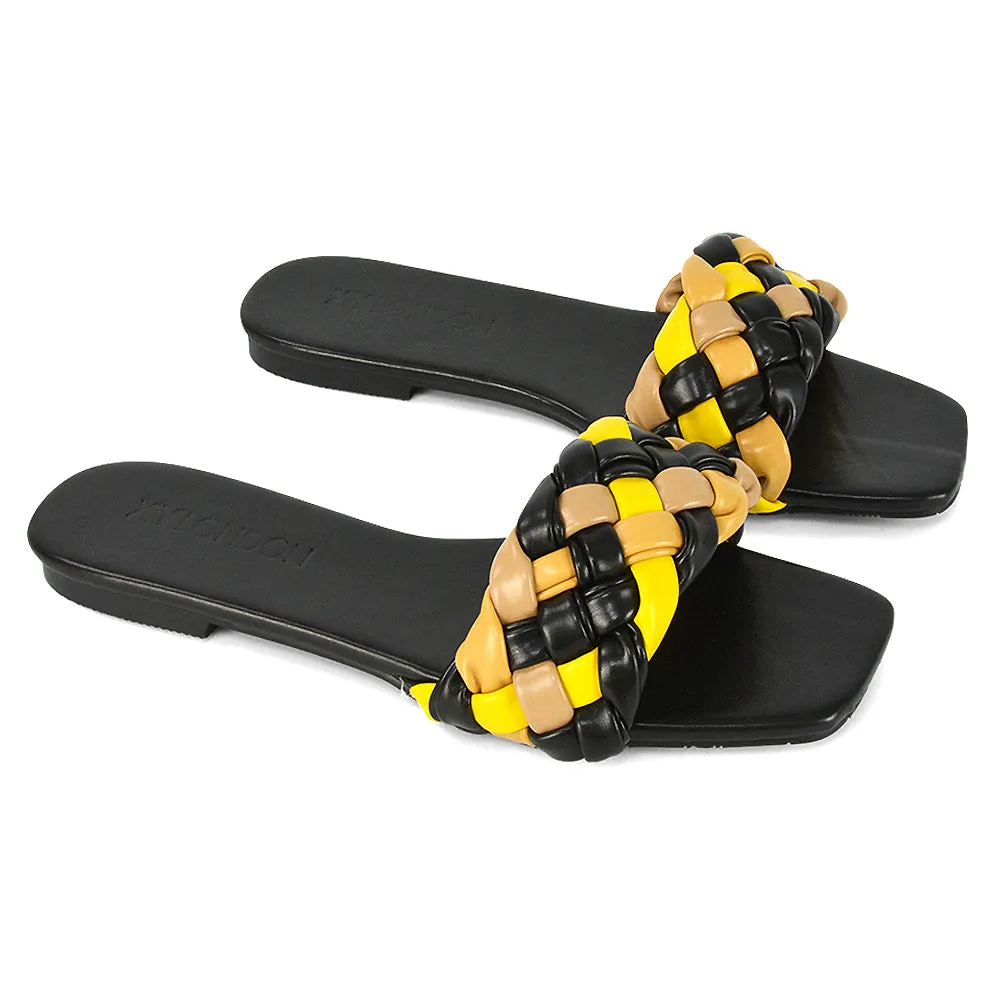 DARCIE WOVEN STRAP SQUARE TOE FLAT SLIDER SANDAL IN ORANGE MULTI SYNTHETIC LEATHER