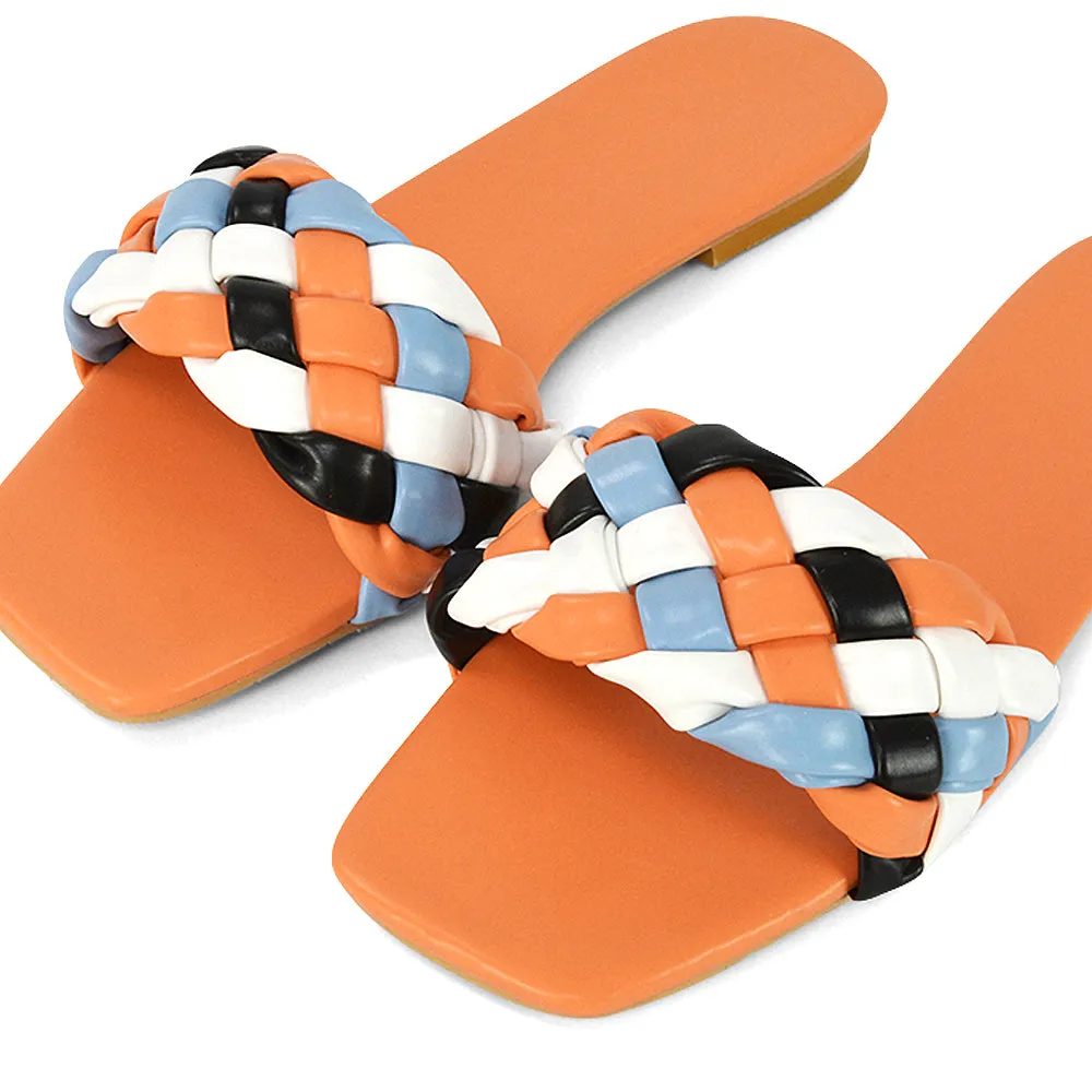 DARCIE WOVEN STRAP SQUARE TOE FLAT SLIDER SANDAL IN ORANGE MULTI SYNTHETIC LEATHER