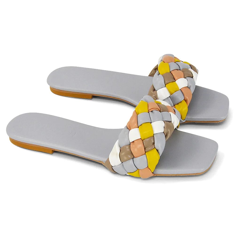 DARCIE WOVEN STRAP SQUARE TOE FLAT SLIDER SANDAL IN ORANGE MULTI SYNTHETIC LEATHER