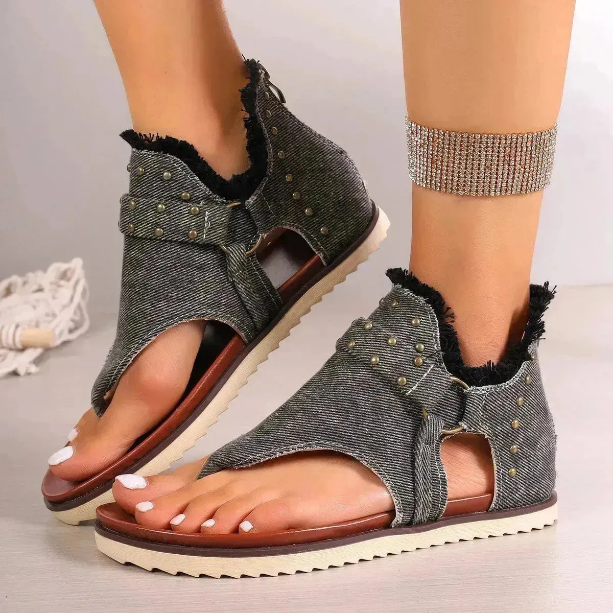 Denim Thong Sandals With Rear Zipper Summer Retro Beach Flat Sandals Shoes For Women