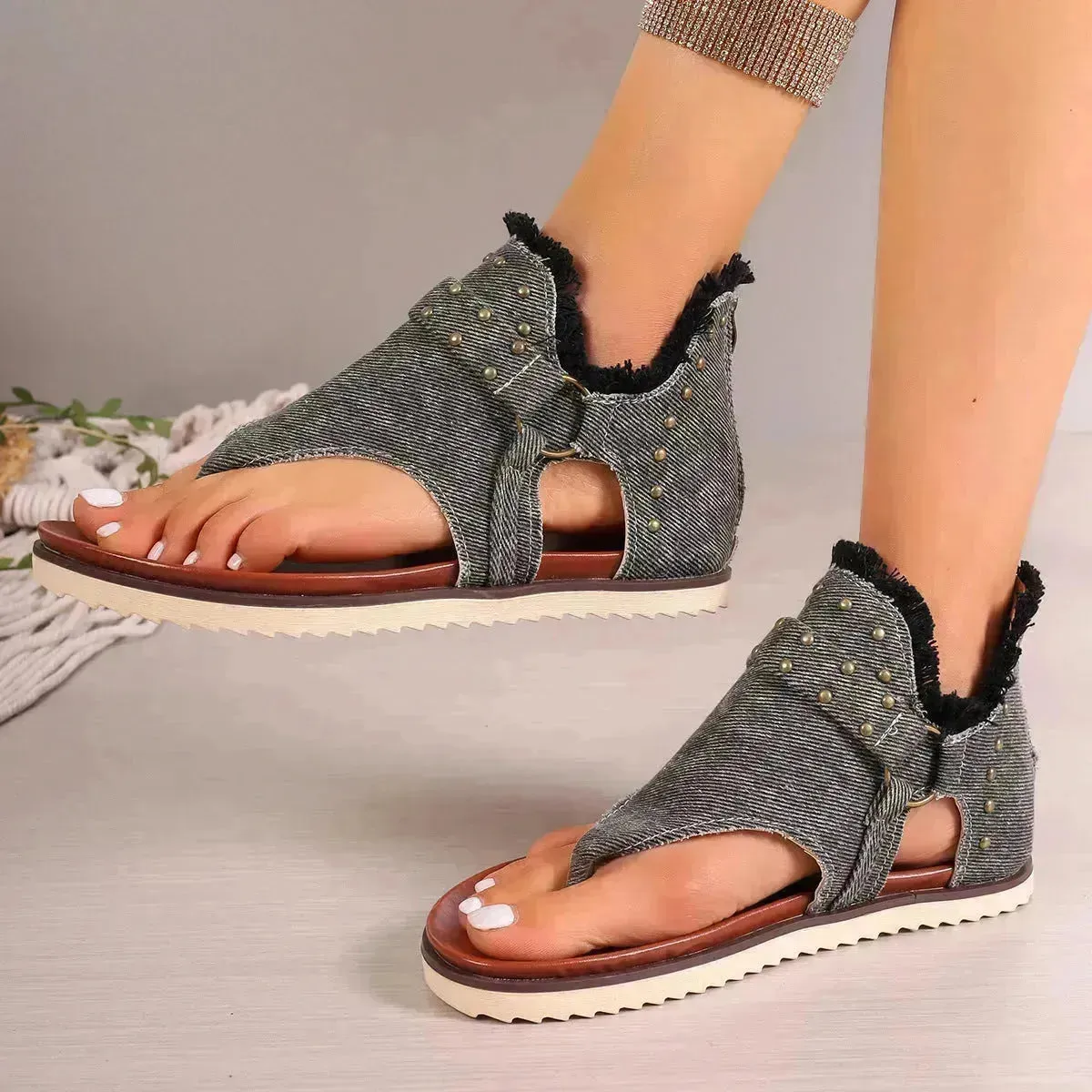 Denim Thong Sandals With Rear Zipper Summer Retro Beach Flat Sandals Shoes For Women