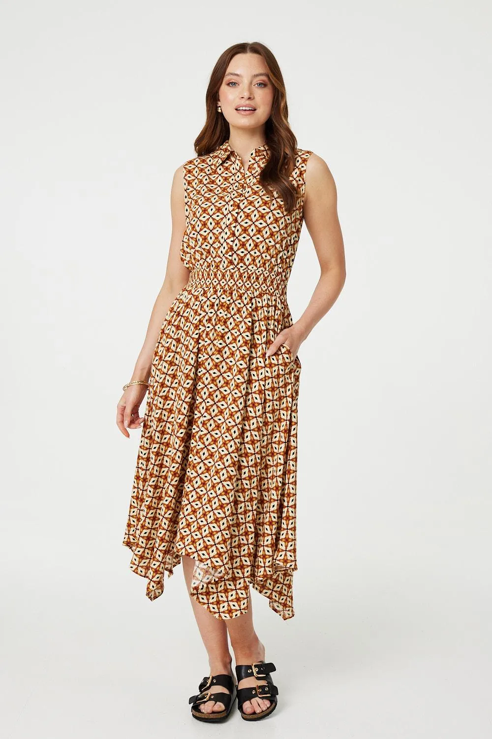 Geo Print Sleeveless Midi Shirt Dress