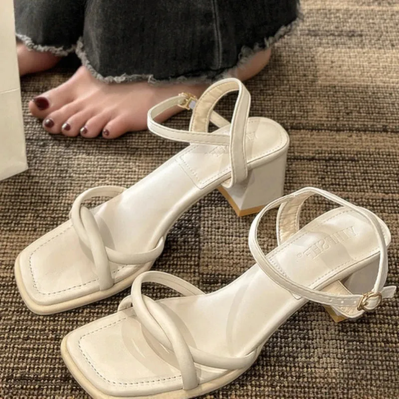 Hnzxzm Sandals 2024 Summer New Fashion Gentle Retro Chunky Non-slip Sandals, A Line with 5cm High Heels Summer Beach Sandals