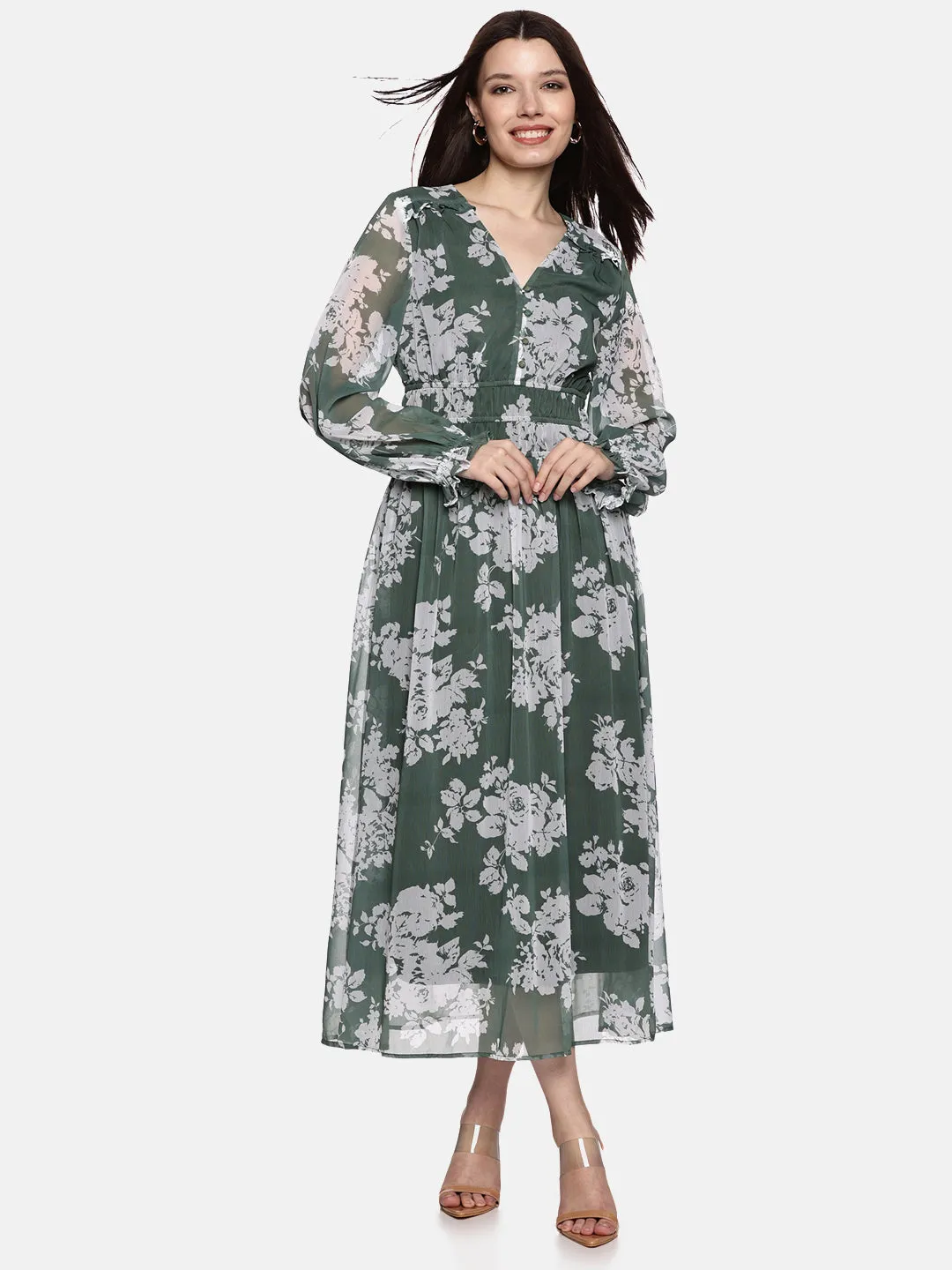 IS.U Floral Green Blouson Sleeve Maxi Dress