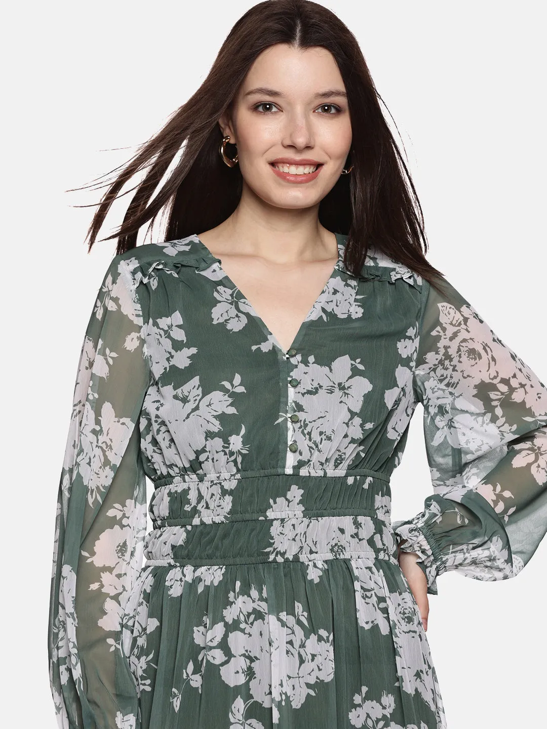 IS.U Floral Green Blouson Sleeve Maxi Dress