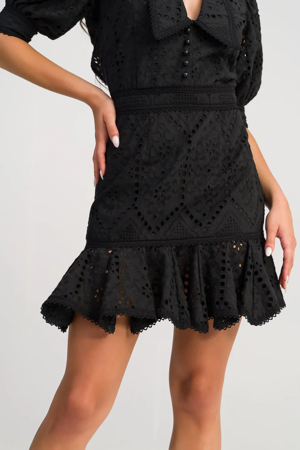 Lara Black Collar broderie cotton-blend mini dress