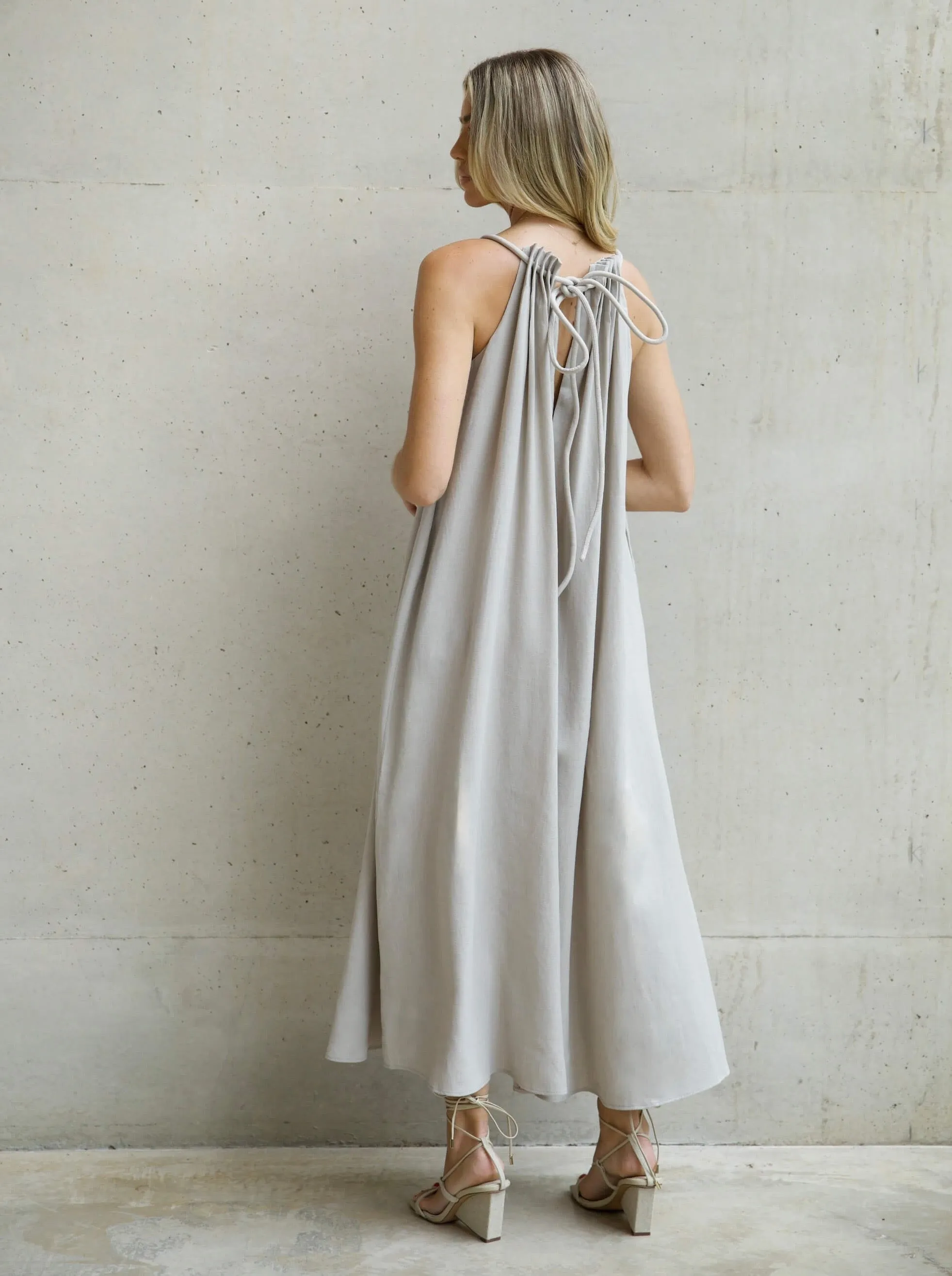 'MARIA' ROPE DETAIL RUCHED NECK MAXI DRESS STONE