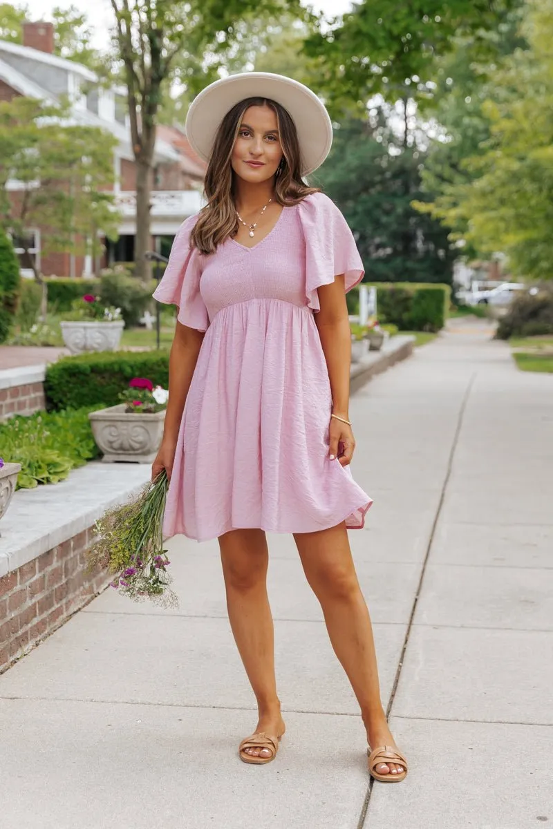 Pink Short Sleeve Smocked Mini Dress - FINAL SALE