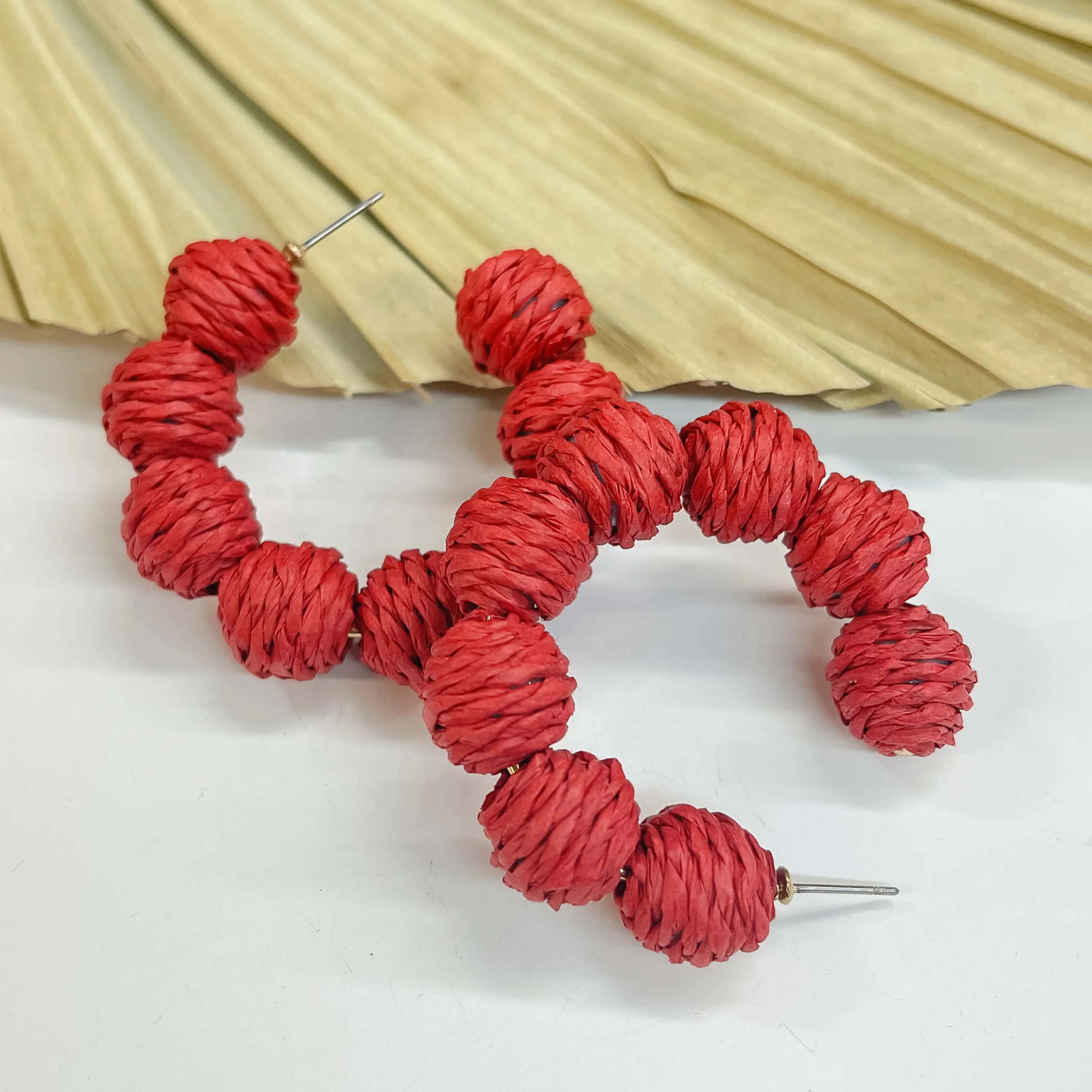 Raffia Ball Hoop Earrings in Red