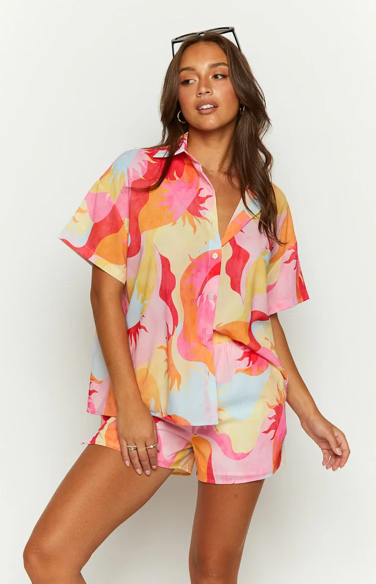 Rays Pink Sun Print Short Sleeve Button Up Shirt