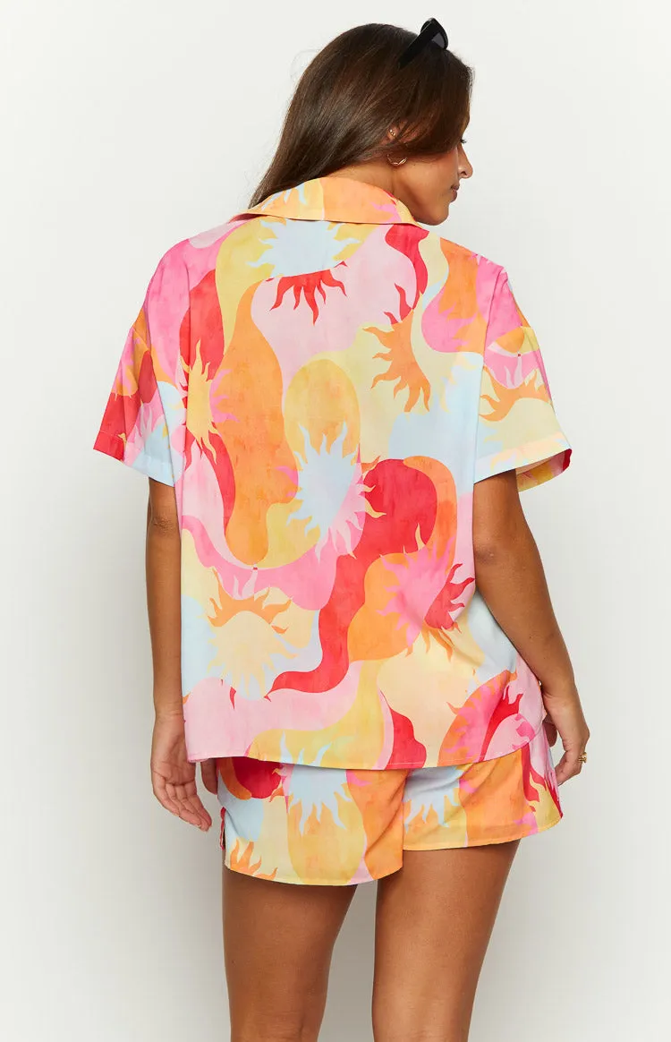 Rays Pink Sun Print Short Sleeve Button Up Shirt