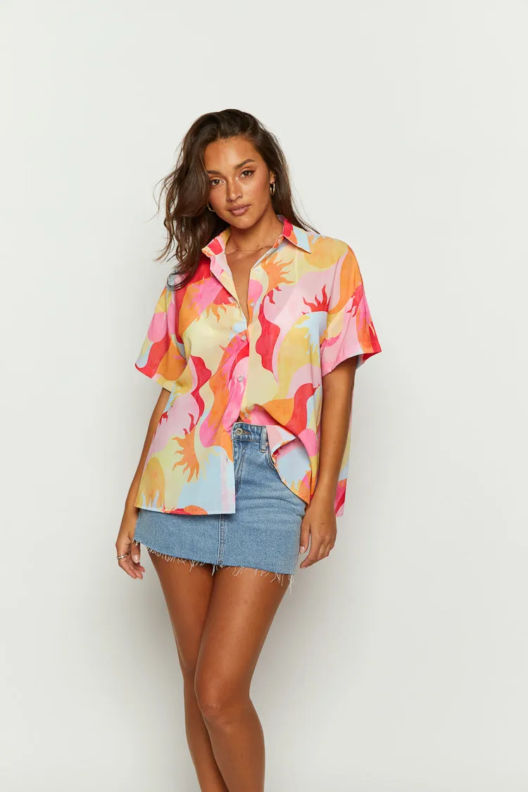 Rays Pink Sun Print Short Sleeve Button Up Shirt