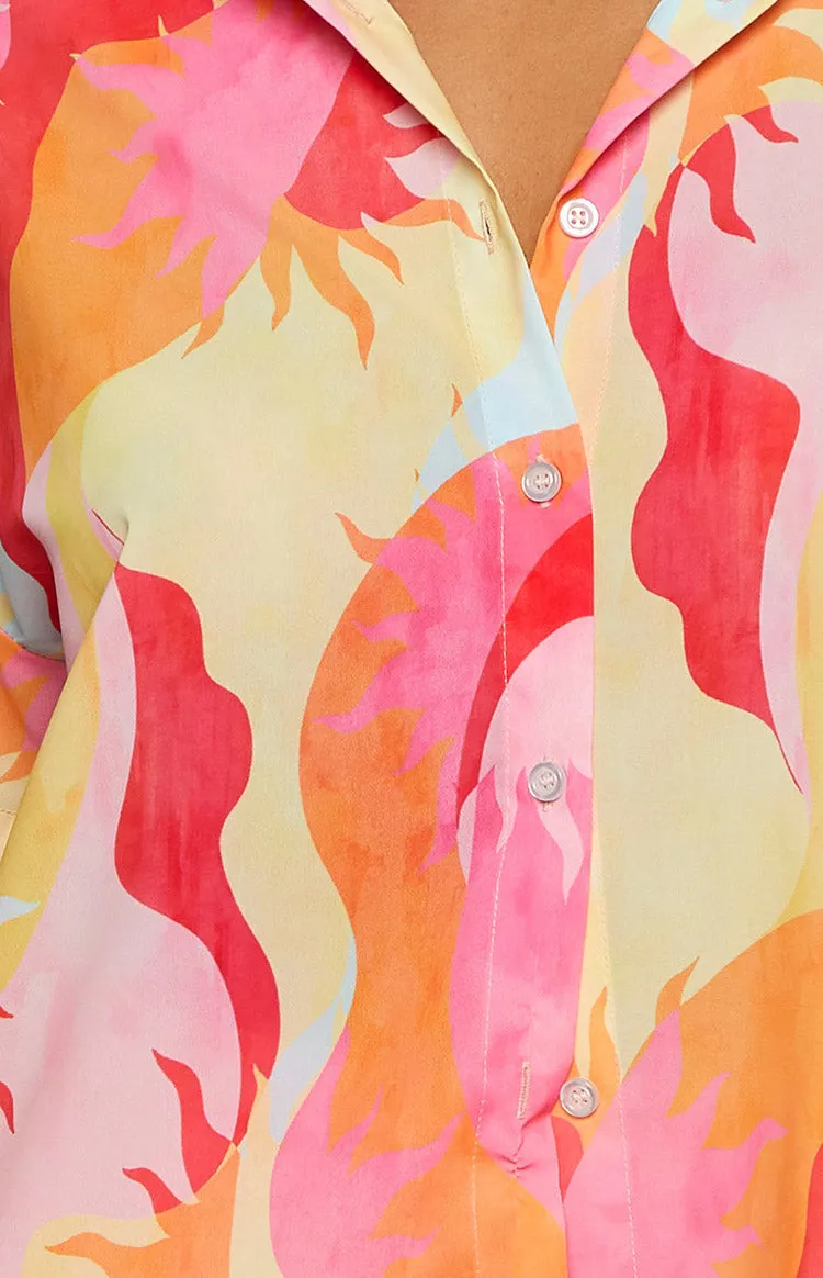 Rays Pink Sun Print Short Sleeve Button Up Shirt