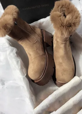 Suede Leather Fluffy Rabbit Fur Lined Booties